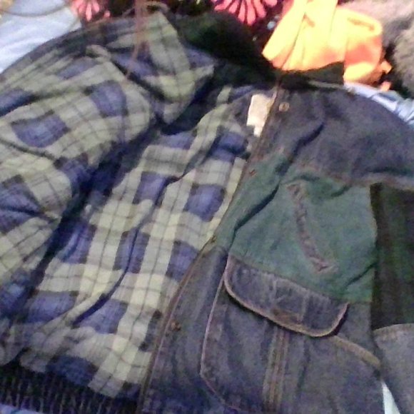 denim jacket with flanel design on inside and on patches of it - Picture 2 of 5